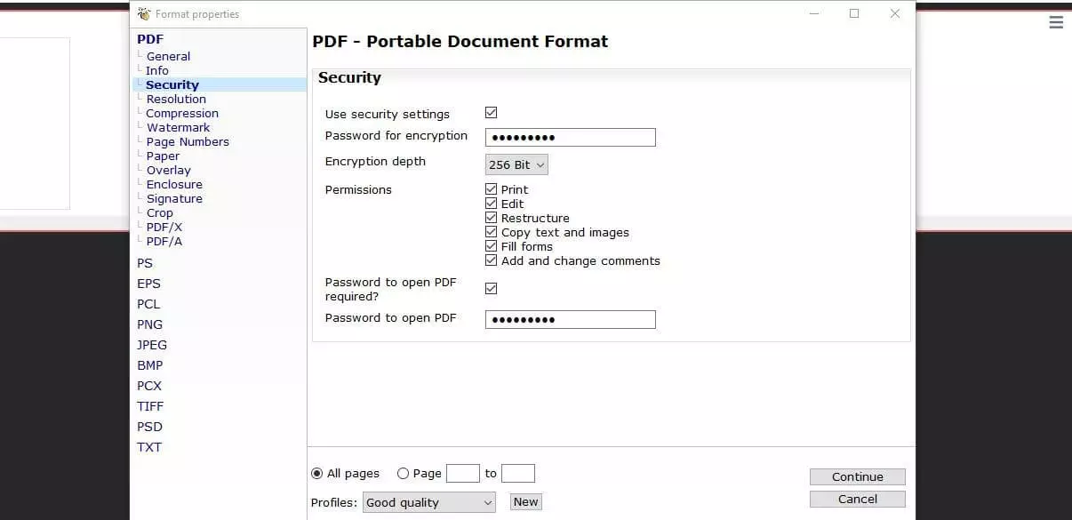 Paramètres de sécurité dans PDF 24 Creator