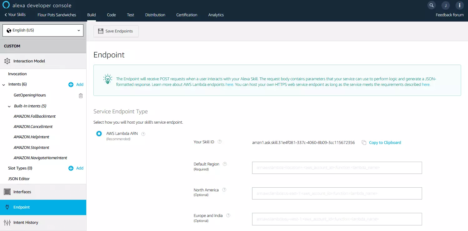 Alexa Developer Console : Sélection du Endpoint