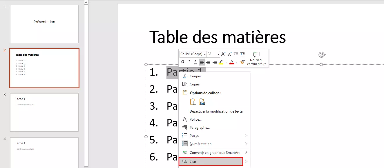 Connecter la table des matières PowerPoint avec le contenu de la présentation : création des liens hypertextes