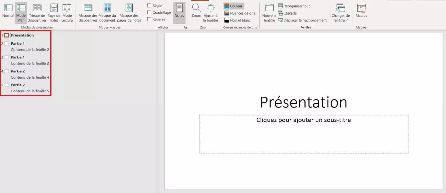 Éléments du mode plan de PowerPoint