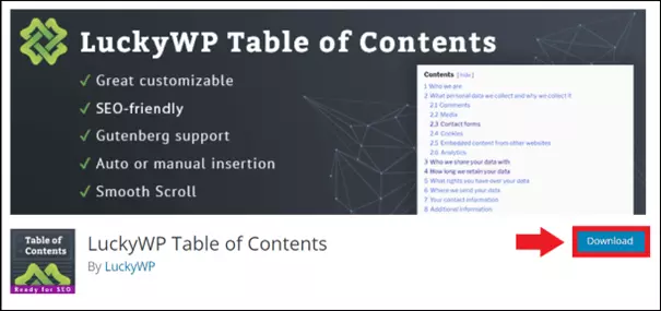 Page de téléchargement du plugin LuckyWP Table of Contents