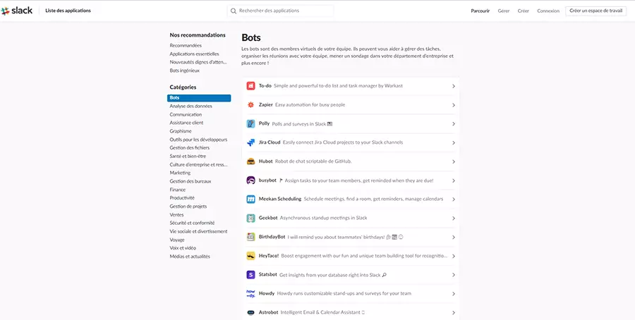 Liste des différents Slack-Bots