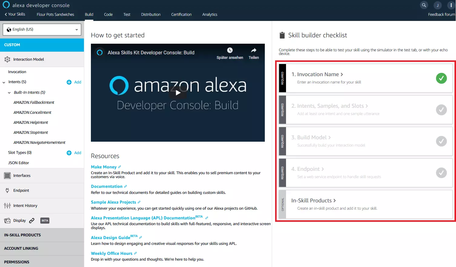 Alexa Developer Console : aperçu de la rubrique « Build »