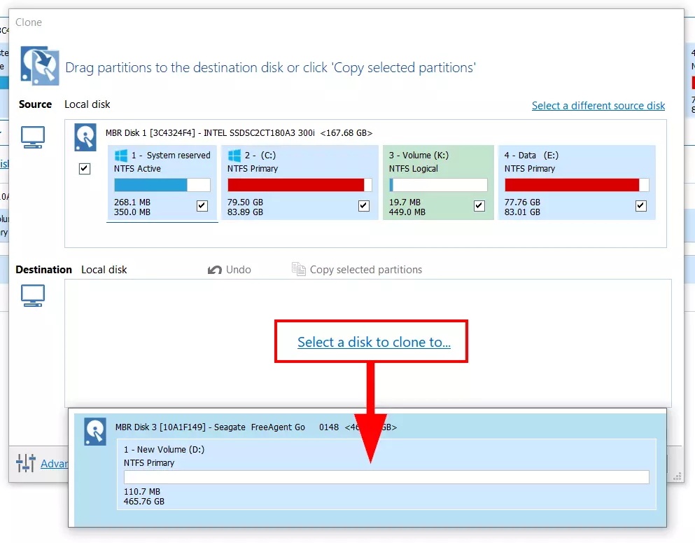 Macrium Reflect : menu de sélection du disque dur cible