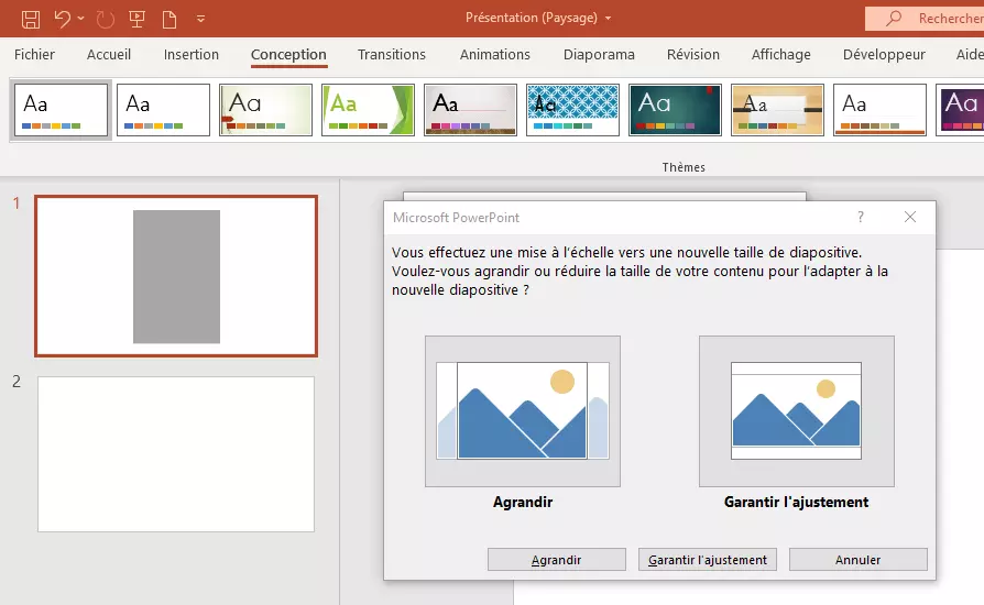 Fenêtre de dialogue PowerPoint : mise à l’échelle lors de la modification d’orientation