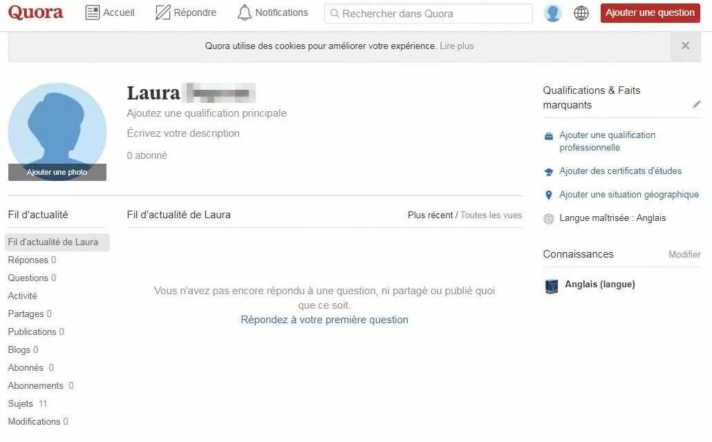 Page de profil sur Quora