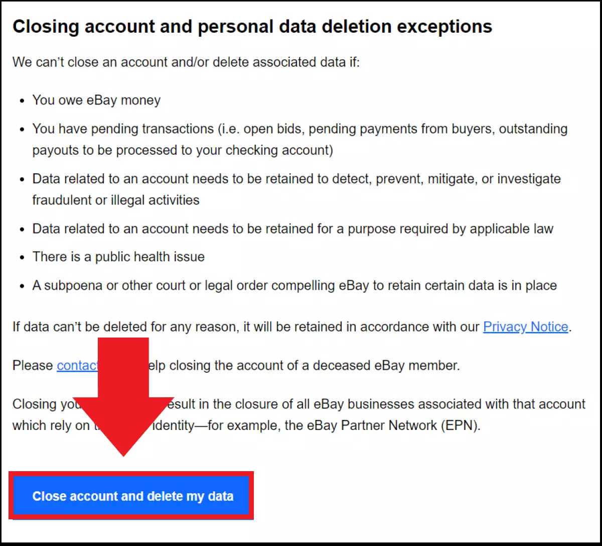 Capture d’écran de la page d’aide d’eBay sur le thème « Fermer le compte »