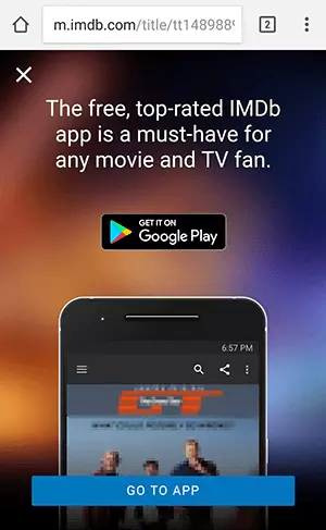 Capture d’écran d’une page interstitielle sur le site d’IMDb pour accéder à son application propre.