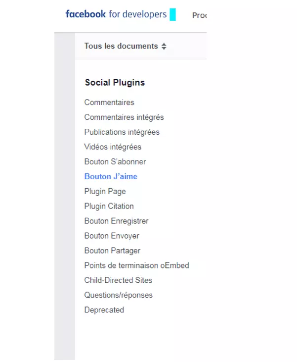 Menu de navigation „Plug-ins sociaux“ sur Facebook développeurs