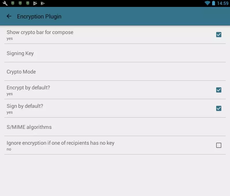 MailDroid : paramètres de cryptage