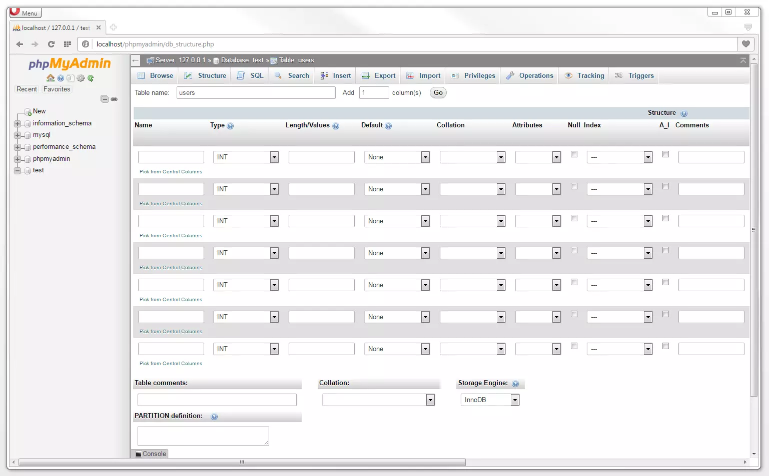 Tableau exemple utilisateurs (users) avec sept colonnes