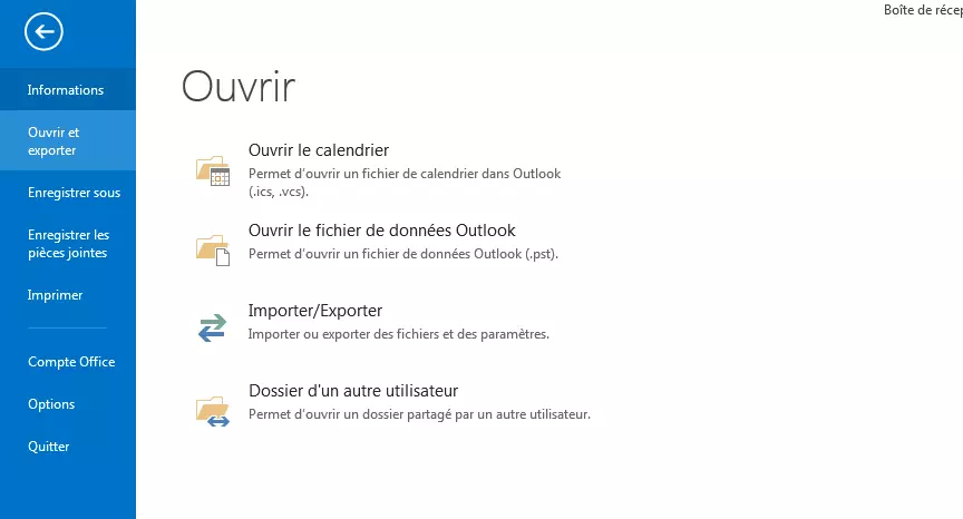 Outlook 2013 : Ouvrir et exporter