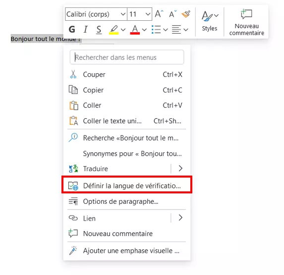 Fonction « Définir la langue de vérification… » dans Word Online