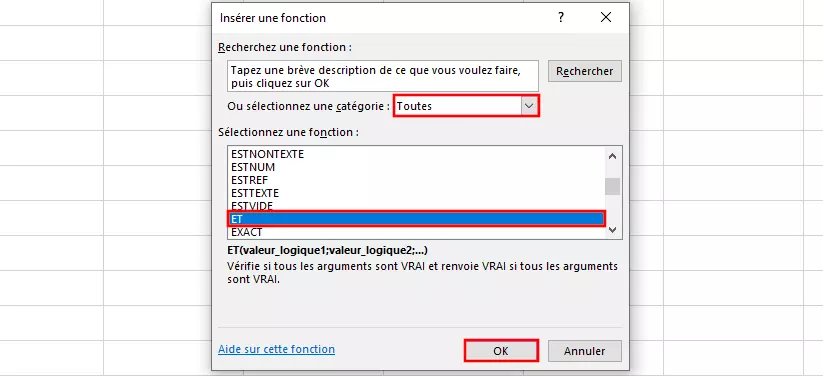 Sélectionner la fonction ET d’Excel