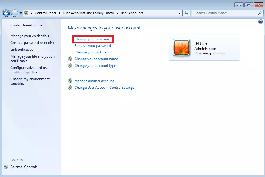 Windows 7 : menu « Comptes d’utilisateurs »