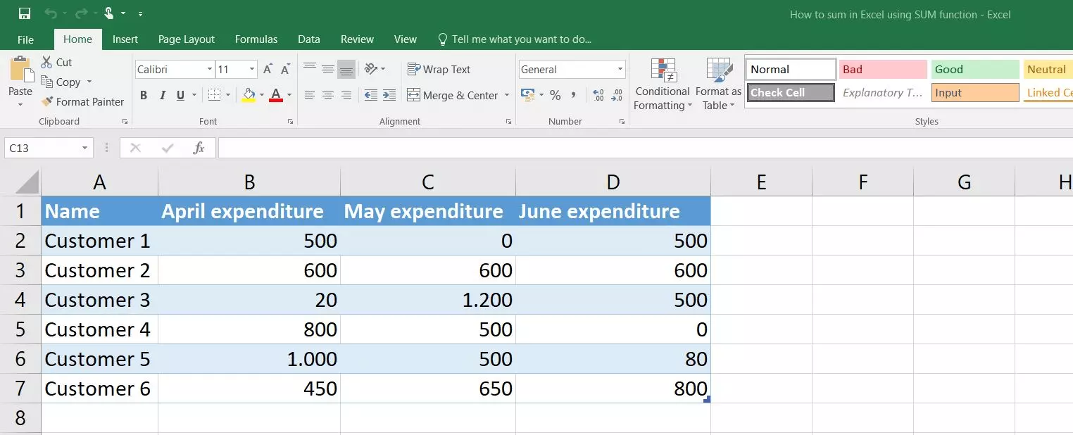 Excel 2016 : tableau avec exemple d’ensemble de données