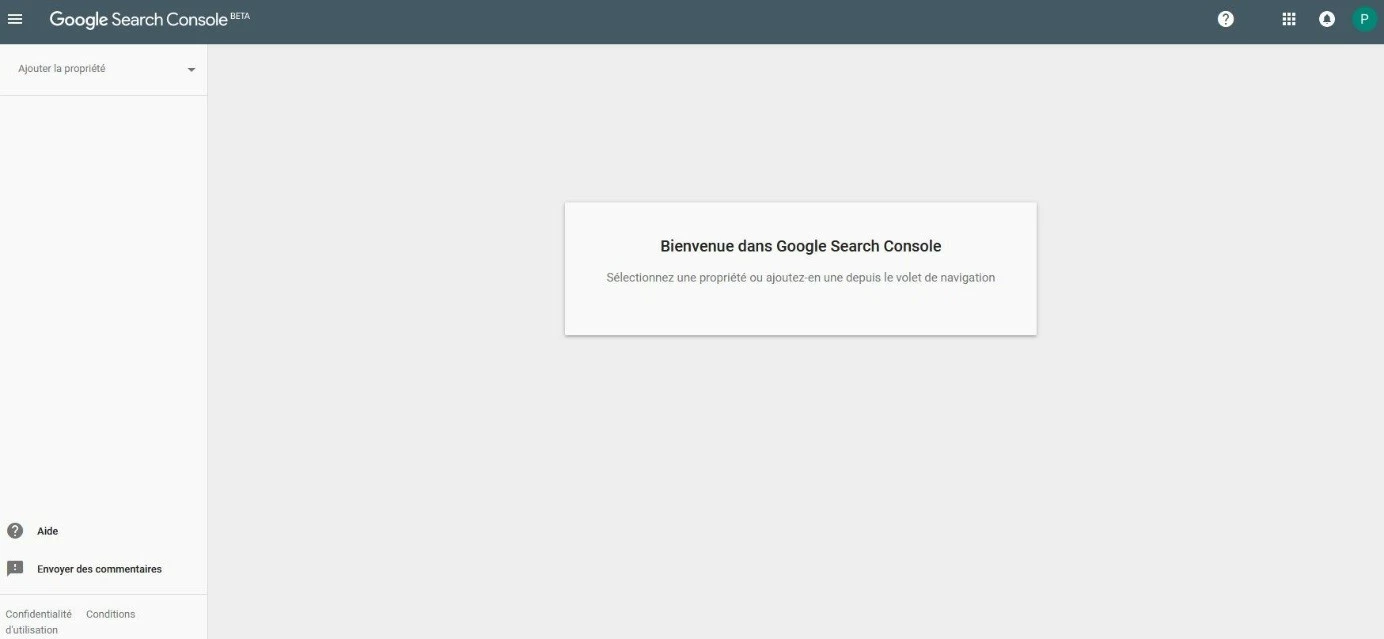 La page d’’accueil de Google Search Console dans la phase BETA