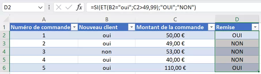 Utilisation de la fonction SI ET