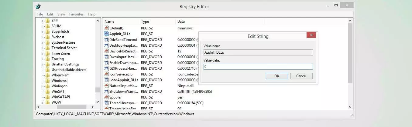 Éditeur de registre : attribution de valeur pour l’entrée « AppInit_DLLs »