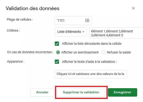 Google Sheets : supprimer la liste déroulante