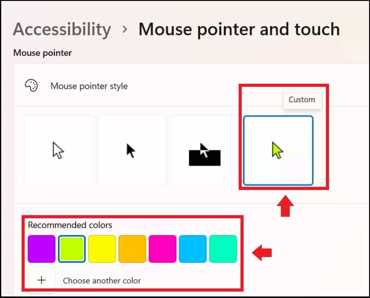 Options de couleur pour le pointeur dans le menu « Pointeur de souris »