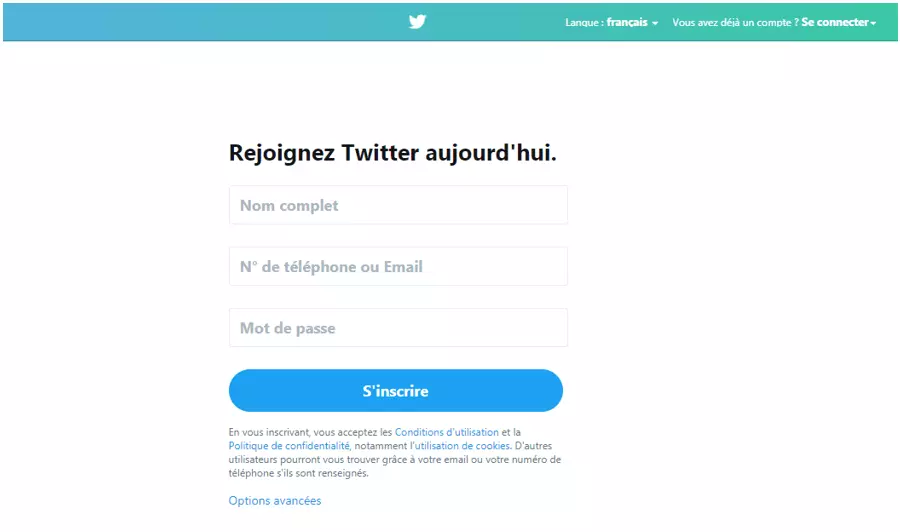 Capture d’écran de la plateforme d’inscription Twitter