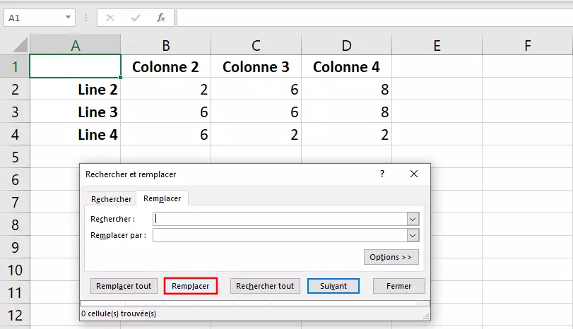 Boîte de dialogue pour Rechercher et Remplacer dans Excel