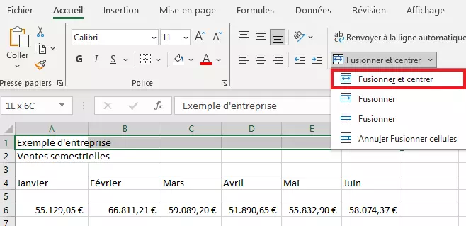« Fusionner et centrer » dans l’onglet « Accueil »