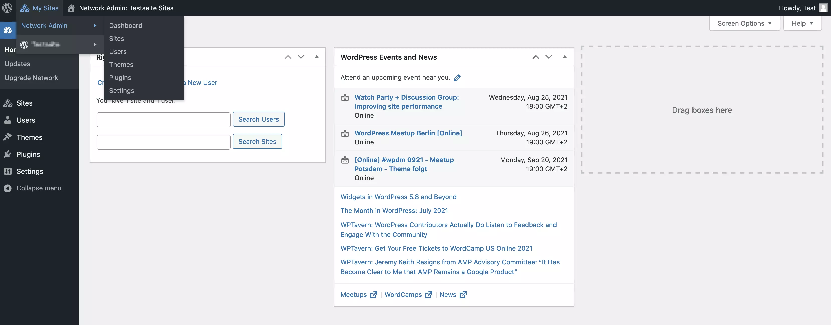 Tableau de bord du réseau dans le backend de WordPress