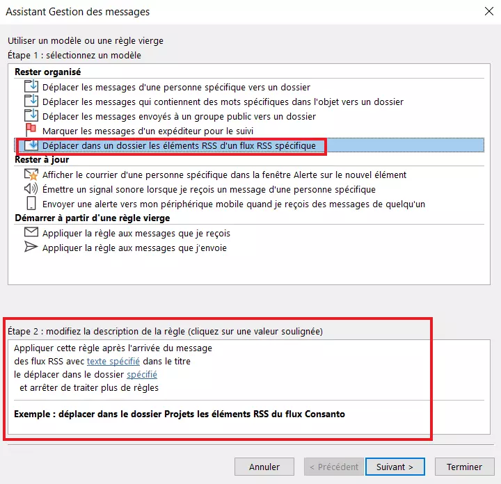 Assistant règles Outlook : choix des modèles de règles