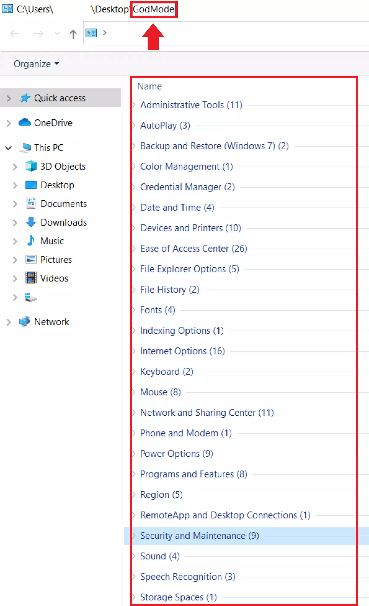 Dossier God Mode dans Windows 10 contenant 250 paramètres du panneau de configuration