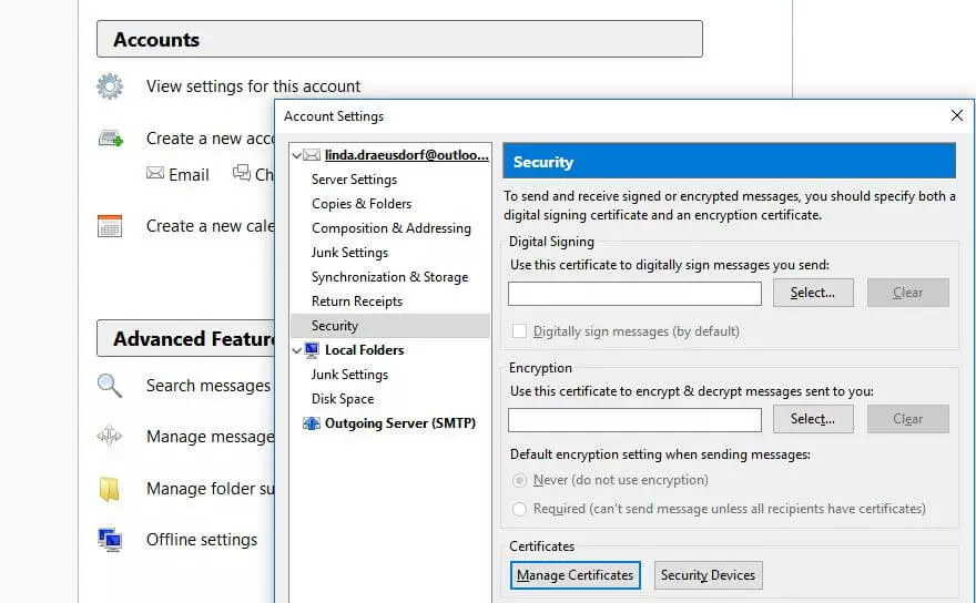 Mozilla Thunderbird : paramètres de sécurité