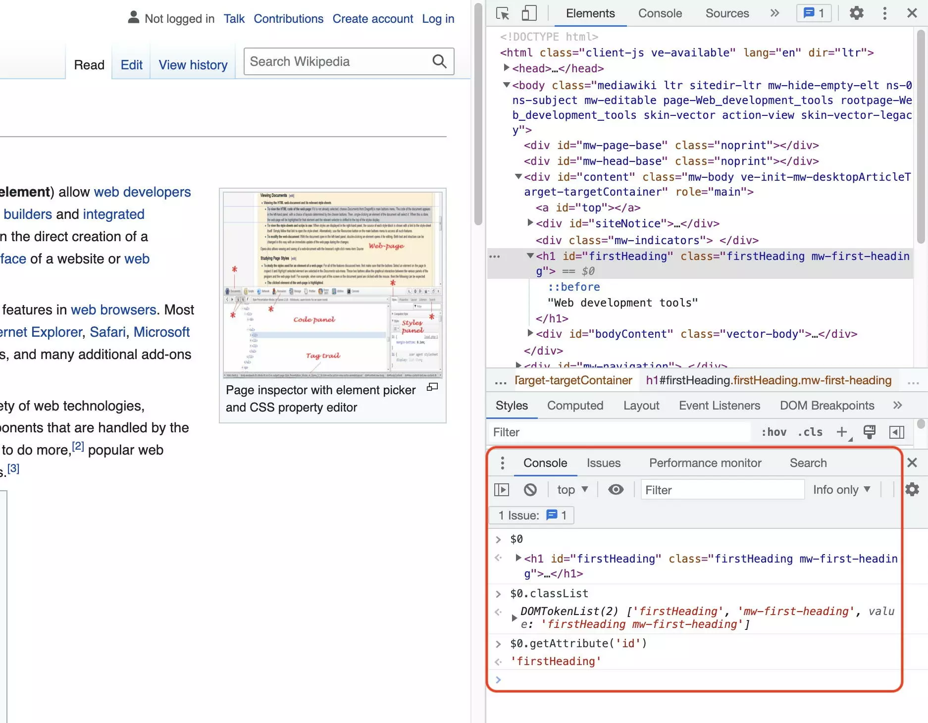 L’élément examiné dans la console JavaScript