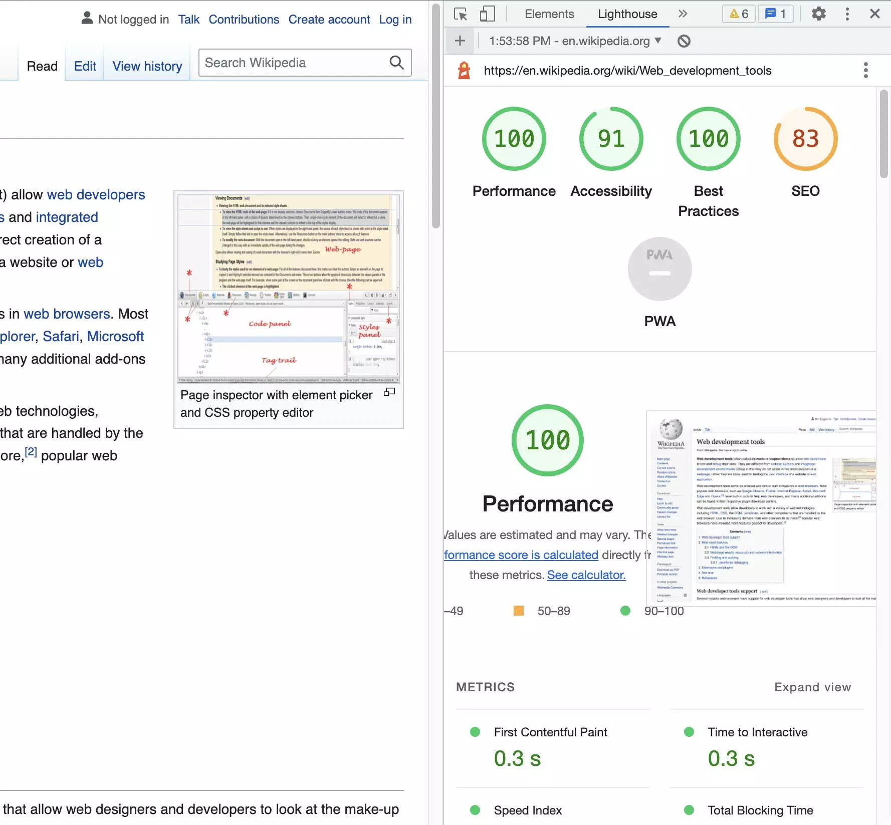 Résultat de l’audit Lighthouse dans les Chrome Developer Tools