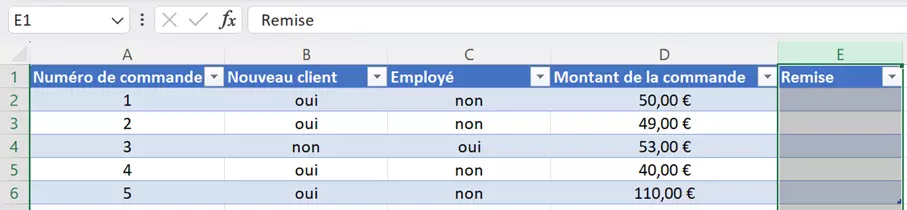 Fonction SI ET d’Excel : tableau pour déterminer le montant de la remise