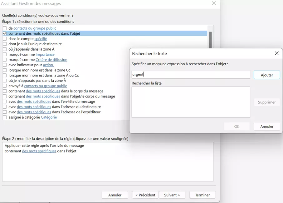 Outlook 365 : l’assistant Gestion des messages pour définir une condition spécifique