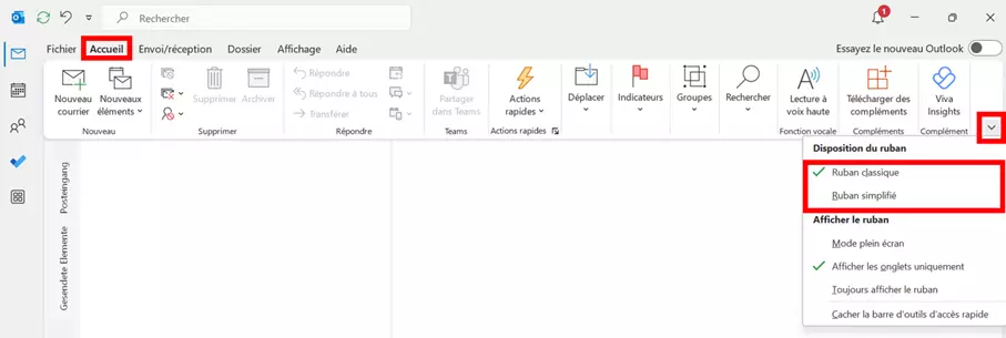 L’icône en forme de flèche dans le ruban du compte Outlook