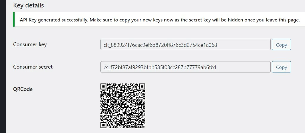 WooCommerce : clé client, clé secret client et QRCode