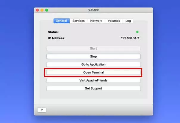 Interface utilisateur XAMPP avec le bouton « Ouvrir le terminal »