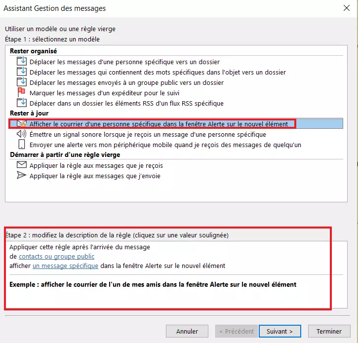 Assistant règles Outlook : sélection des modèles de règles
