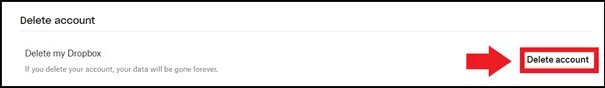Commande « Supprimer le compte » dans le compte Dropbox