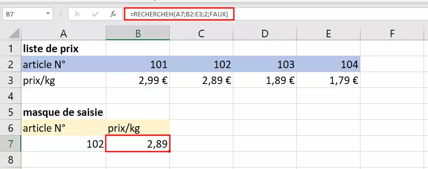 Exemple de la fonction RECHERCHEH avec résultat