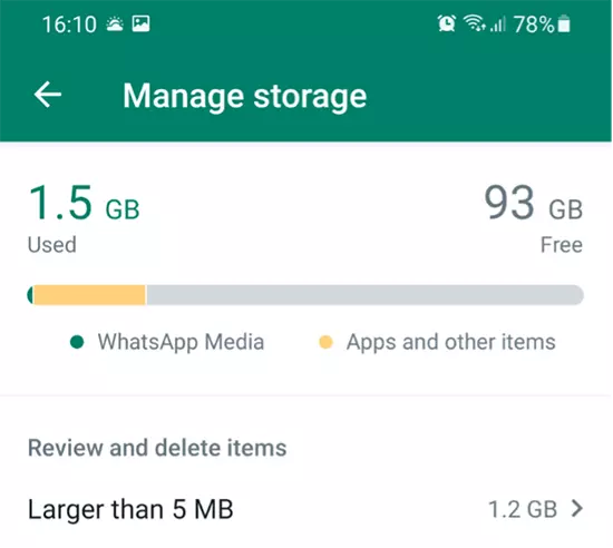 Capture d’écran de « Gérer le stockage » dans WhatsApp