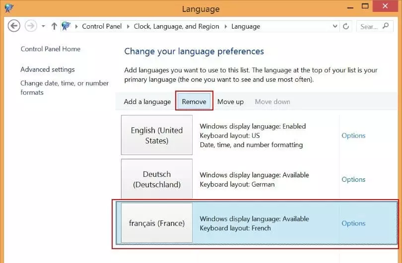 Windows 8 : suppression d’une langue de la liste des langues