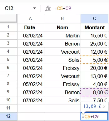 Capture d’écran d’une formule dans la ligne d’édition