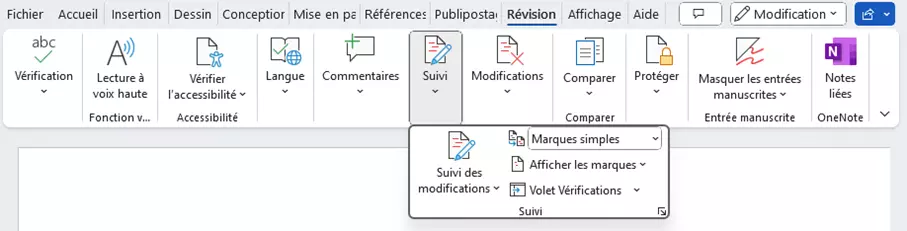 Menu Word : onglet « Révision »