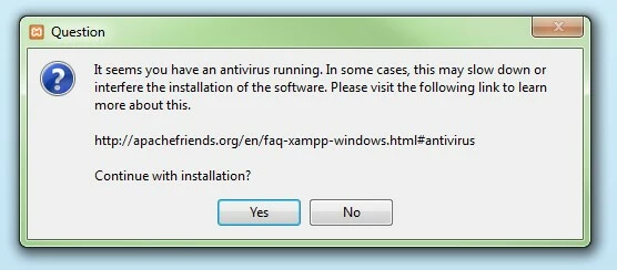 Désactivation du programme antivirus lors de la première étape d’une installation XAMPP