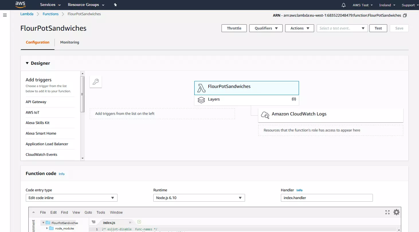 AWS Management Console : aperçu de la configuration de la fonction Lambda.