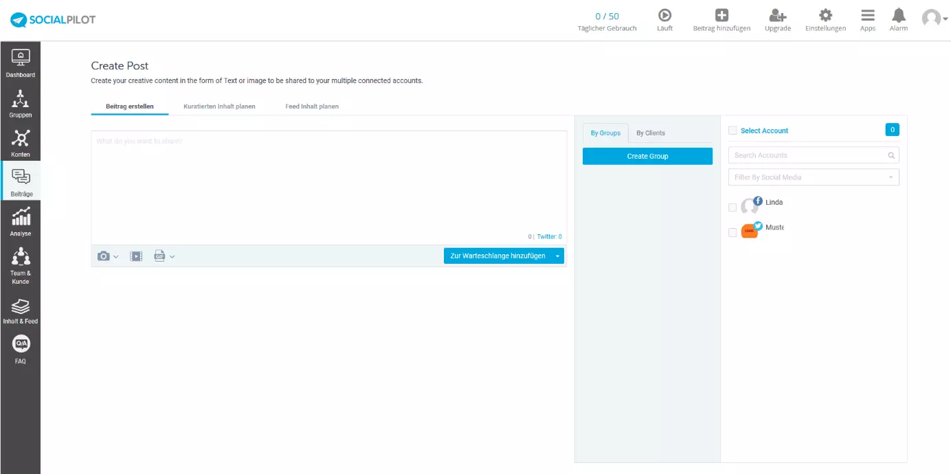 Interface utilisateur de SocialPilot