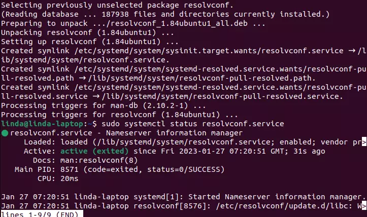 Le terminal Ubuntu avec un message sous forme de code sur le service resolvconf